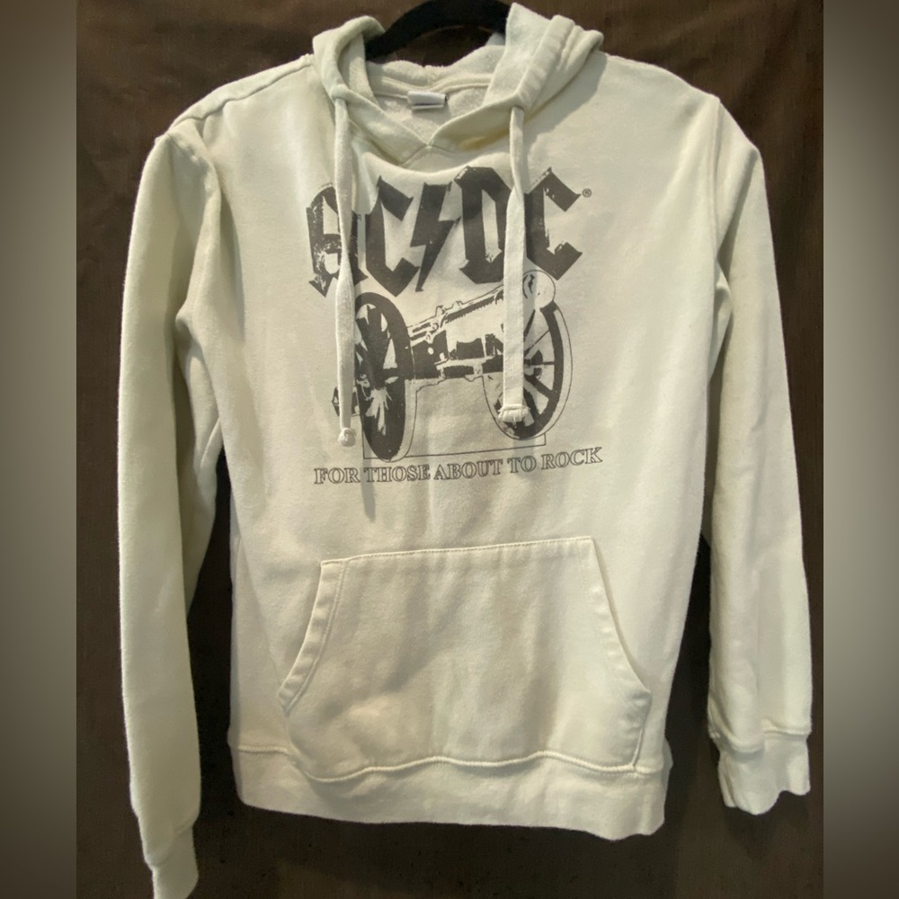 AC/DC Hoodie, Womens Small , Cream color with Grey print, Light wear